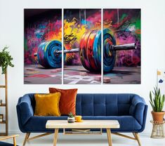 Gym canvas wall art Barbell graffiti print Weightlifting decor Sport Motivational poster Fitness wall art canvas print framed and ready to hand. This unique print is a perfect way to add a touch of motivation and style to your fitness routine. The high-quality canvas print captures the energy and excitement of weightlifting, making it a great addition to any gym or workout area. Features: Printed on high-quality canvas using fade-resistant inks Available in a variety of sizes to suit your needs Gym Graffiti, Fitness Wall Art, Living Room Themes, Modern Wall Art Canvas, Hanging Paintings, Motivational Poster, Graffiti Prints, Home Decor Paintings, Wall Art Canvas Painting