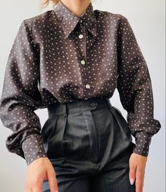 Brown Silk Blouse For Work, Brown Formal Top With Button Cuffs, Formal Brown Top With Button Cuffs, Formal Brown Tops With Button Cuffs, Classic Brown Blouse For Work, Classic Brown Blouse With Button Cuffs, Elegant Brown Silk Blouse, Classic Brown Blouse For Office, Brown Silk Tops For Workwear