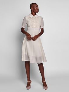 Paris Midi Dress White Midi-length Pleated Dress For Formal Occasions, Pleated A-line Midi Dress For Daywear, White Vintage Midi Dress For Spring, White Midi Vintage Dress For Spring, White Pleated Dress For Daywear, Elegant White Collared Dress, White Knee-length Midi Dress For Spring, Chic Vintage Midi Dress For Summer, White Pleated Midi Dress For Garden Party