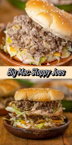 two pictures of hamburgers with different toppings