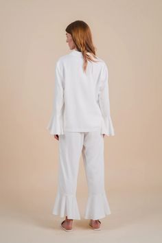 Half Asleep - Sleepwear - Long Sleeve Ruffle Pant Set - Women's Pajamas - Cloud Fall Ruffled Bottoms For Loungewear, Fall Loungewear Bottoms With Ruffles, Casual Ruffled Pants For Loungewear, Long Sleeve Ruffled Sleepwear For Loungewear, Ruffled Long Sleeve Sleepwear For Loungewear, Feminine Ruffled Bottoms For Loungewear, Chic Cotton Sleepwear For Loungewear, Chic White Sleepwear For Loungewear, Blush Pants