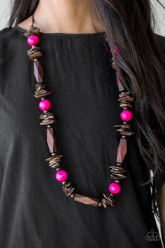 Featuring round, faceted, and distressed finishes, mismatched brown wooden beads are threaded along shiny brown cording. Vivacious pink wooden beads trickle between the earthy accents, adding a colorful finish to the summery palette. Features an adjustable sliding knot closure. Sold as one individual necklace. Includes one pair of matching earrings. Adjustable Sliding Knot, Trendy Fringe, Sliding Knot Closure, Wooden Bead Necklaces, Nickel Free Jewelry, Wooden Necklace, Ball Necklace, Wood Necklace, Fish Hook Earrings