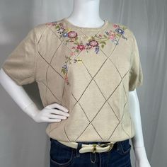 Vintage Adeline by Alfred Dunner Knit Sweater Top with Floral Embroidery - Size Small - Short Sleeve Sweater - Embroidered Floral - great pre-owned condition with small stain in front near bottom, see last pic Approximate flat measurements: -Pit to Pit: 20.5" -Neckline to Hem: 23" Material: 55% Ramie, 45% Cotton Vintage Embroidered Cotton Sweater, Beige Embroidered Crew Neck Sweater, Embroidered Knit Crew Neck Top, Vintage Embroidered Knit Sweater, Embroidered Vintage Knit Sweater, Vintage Embroidered Beige Tops, Fitted Cream Embroidered Sweater, Cream Embroidered Fitted Sweater, Vintage Embroidered Beige Sweater