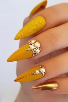 Yellow Nail Designs, Yellow Nails Design, Yellow Nail, Nails Yellow, Nails Design With Rhinestones, Nail Art Rhinestones, Yellow Nails, Classy Nails