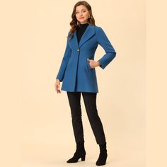 An elegant overcoat covered in a turn-down collar and full placket offers a charming look for day or night. Solid color and a turn-down collar bring casual elegance to a long-sleeved winter coat. Suitable for Casual, Business, Work, Dating, Weekend, Party, and Daily Wear. This classic winter mid-long overcoat is stylish and comfortable to wear, which is an essential overcoat for every modern woman and girl. Perfectly pair it with pants for a warm and business casual look, and style it with a lon Blue Suit Collar Outerwear For Fall, Blue Wool Coat With Lapel Collar And Pockets, Blue Single Button Outerwear For Office, Blue Tailored Long Sleeve Pea Coat, Tailored Blue Pea Coat With Long Sleeves, Blue Wool Coat With Button Closure And Lapel Collar, Blue Double-breasted Outerwear With Hidden Buttons, Blue Collared Outerwear For Office, Elegant Blue Stand Collar Blazer