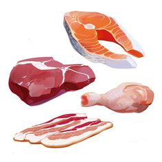 three different types of meat are shown in this illustration, including ham, and pork