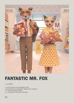 the movie poster for fantastic mr fox features two people dressed as foxes and one is holding food