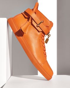 Buscemi 100mm High-Top Leather Sneaker, Orange Buscemi Sneakers, Orange Shoes, Hot Shoes, Sneakers Men Fashion, Sneaker Collection, Trendy Shoes, Designer Sneakers, Beautiful Shoes, Style Retro