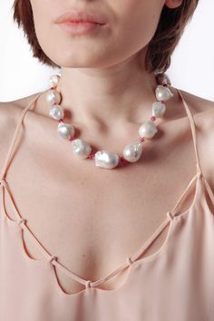 Baroque Pearl & Rubies Necklace - Inaya Jewelry White Akoya Pearl Necklace With Gemstone, Baroque Pearl Necklace With Natural Stones And Round Beads, Luxury Briolette Pearl Drop Necklace, Luxury Pearl Drop Necklace With Briolette Shape, White Baroque Pearl Necklace With Gemstone, Pearl Necklace With Gemstone Round Beads, Wedding Pearl Necklace With Gemstone, Elegant Baroque Pearl Necklace With Gemstone, Baroque Pearl Briolette Necklace In Pearl White