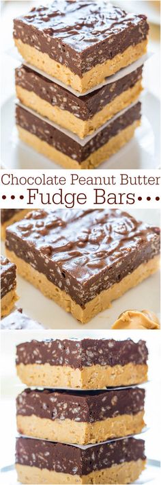 chocolate peanut butter fudge bars are stacked on top of each other and ready to be eaten