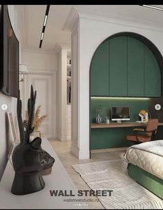 a bedroom with a bed, desk and chair next to a wall that has an arched window