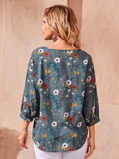 Multicolor Casual  Three Quarter Length Sleeve Cotton Floral Top  Non-Stretch Spring Women Tops, Blouses & Tee Three Quarter Sleeve Blouses, Plus Size Fall, Trendy Fashion Women, Floral Top, Floral Blouse, Womens Fall, Vintage Shirts, Print Tops, Plus Clothing