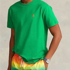 Cotton Orange Horse Embroidered Detailing, Brand Logo, Solid Color, Round Collar, Short Sleeves, Medium Casual Green Polo Shirt For Summer, Green Crew Neck Polo Shirt For Summer, Green Short Sleeve Casual Polo Shirt, Green Cotton Crew Neck Polo Shirt, Ralph Lauren Shirts Men, Polo Ralph Lauren Shorts, Seersucker Pants, Nike Tennis Dress, Bear Shirt