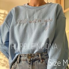 "Size M is on the main photo! 💜GreyEmbroidered crewneck embroidery on all sweatshirts. If you want your embroidery to be a different color, message me BEFORE ordering, and only order AFTER you received a response! In another case, I can't guarantee your request will be fulfilled. All sizes are Unisex! 💜The size chart is available as a picture. Please use it to choose the best size for you. (Width is the measurement \"armpit to armpit\" on the sweatshirt/t-shirt laying on the flat surface Lengt Kpop Cotton Long Sleeve Hoodie, Trendy Crew Neck Hoodie With Letter Embroidery, Kpop Long Sleeve Sweatshirt With Letter Print, Kpop Style Long Sleeve Sweatshirt With Letter Print, Trendy Hoodie With Letter Embroidery And Crew Neck, Oversized Hoodie With Letter Embroidery And Crew Neck, Trendy Crew Neck Sweatshirt With Custom Embroidery, Cotton Sweater With Letter Embroidery For Streetwear, Embroidered Text Hoodie For Streetwear