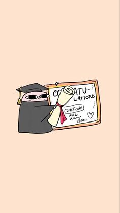 a drawing of a person wearing a graduation cap and gown holding a sign that says coutu cums