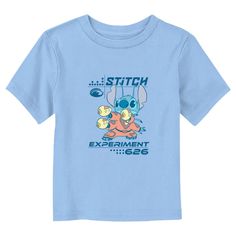 Ohana means family, and family means no tee gets left behind! Find the perfect style for your little one with this officially licensed Toddlers' Disney Lilo & Stitch Armed and Ready Alien Graphic T-Shirt! This fun design features a graphic of Stitch ready for action with his blasters along with: "Stitch Experiment 626" in blue across the front. Celebrate a certain alien, otherwise known as Experiment 626 with new fabulous apparel from the incredible movie! Light Blue Crew Neck T-shirt With Character Print, Blue Short Sleeve Themed Tops, Blue Family Matching T-shirt With Cartoon Print, Family Matching Blue T-shirt With Cartoon Print, Disney Blue Pre-shrunk Tops, Themed Blue T-shirt For Fan Merchandise, Blue Fan Apparel Tops With Character Print, Blue Character Print Fan Apparel Tops, Blue Character Print Tops For Fans