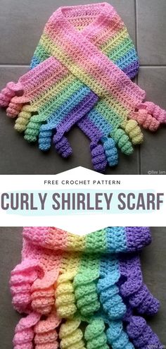 a crocheted scarf with the text, free crochet pattern curly shriley scarf