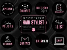 the 15 ready to post hair stylist badges are shown in pink and black