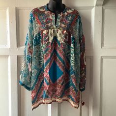 Blouse Is New - Never Used - No Stains, Rips, Tears Or Snags Measures 28 Inches Armpit To Armpit Sleeve Length 18 Inches Length 32 Inches At Longest Point Long Sleeve Silk Tunic With Print, Silk Printed Long Sleeve Tunic, Printed Silk Tunic With Long Sleeves, Silk Printed Tunic With Long Sleeves, Multicolor Long Sleeve Silk Tunic, Multicolor Silk Tunic With Long Sleeves, Bohemian Silk V-neck Top, Spring Bohemian Silk Tops, Floral Print V-neck Peasant Top