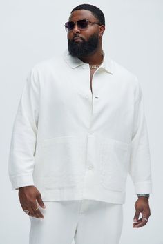 Available In White. Fold Down Collar Front Button Closure Front Pockets Pair With "Bahamas Linen Cargo Short" Pair With "Bahamas Linen Shorts" Pair With "Bahamas Linen Pants" Shell: 55% Linen 45% Cotton Lining: 100% Polyester Imported | Mens Bahamas Linen Chore Jacket in White size Small by Fashion Nova Casual White Outerwear With Spread Collar, White Shacket With Lapel Collar And Pockets, White Collared Shacket With Relaxed Fit, White Shacket With Pockets For Work, White Lapel Collar Shacket For Workwear, Casual White Outerwear With Buttoned Pockets, White Cotton Shacket With Pockets, White Relaxed Fit Shacket For Spring, White Casual Shacket For Work