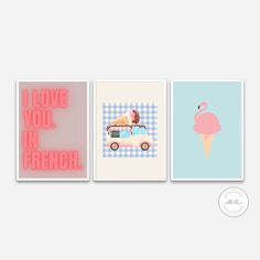 three posters with flamingos and ice cream on them