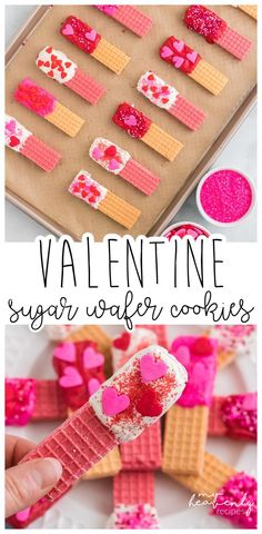 valentine sugar wafer cookies with pink sprinkles and hearts on the top