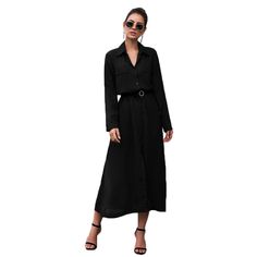 Black Button Down Split Maxi Shirt Dress Black Lapel Collar Dress For Work, Black Midi Shirt Dress With Pockets, Black Collared Shirt Dress For Date Night, Collared Black Shirt Dress For Date Night, Black Button-up Shirt Dress For Work, Black Shirt Dress With Button Cuffs For Work, Black Collared Midi Dress For Spring, Spring Black Collared Midi Dress, Black Midi Dress With Button Closure For Work