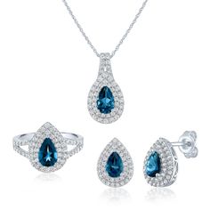 This sparkling set of London blue topaz and lab-created white sapphire accessories makes a beautiful gift! Crafted in sterling silver, this set includes a pendant, earrings and a ring each with pear-shaped London blue topaz center stones with a halo of lab-created white sapphires. | London Blue Topaz and Lab-Created White Sapphire Pendant Necklace, Earrings and Ring Set | Sterling Silver | Size 18" | 2mm | Helzberg Diamonds 2 Carat Engagement Ring, Helzberg Diamonds, Sapphire Necklace Pendants, Natural Diamond Engagement Ring, Gemstone Engagement, Sapphire Pendant, Topaz Stone, Gemstone Engagement Rings, Fine Jewelry Gift