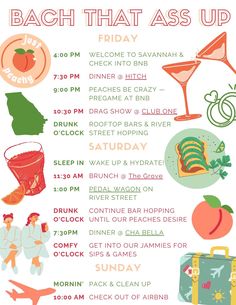 a poster with different things to do in the summertime, including drinks and food