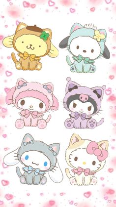 some cute little kitty stickers on a white background with pink and blue hearts in the background