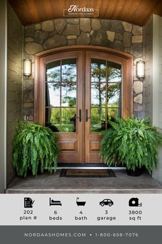 the front door to a home with two potted plants