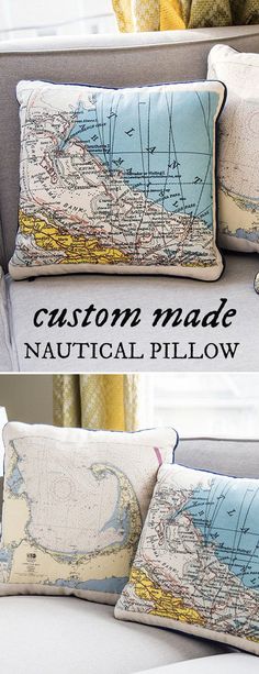 two pillows with maps on them and the words custom made nautical pillow