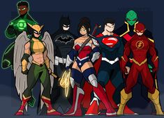 the dc superheros are standing together in their respective outfits and costumes, all with different colors