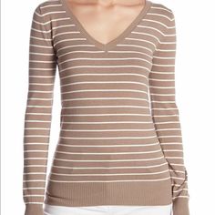 New With Tags, Abound Long-Sleeve Striped V-Neck Sweater, Tan And White, Size Medium. Striped Fitted V-neck Sweater, Long Sleeve Cotton V-neck Top For Fall, Fall Striped V-neck Sweater, White V-neck Top For Fall, Fitted Striped V-neck Sweater, Cotton V-neck Sweater For Spring Layering, Striped V-neck Top For Fall, Fall Striped V-neck Top, Spring Cotton V-neck Sweater