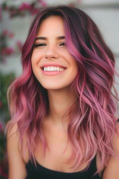 Ombre Magenta to Pink Hair Color Idea. Brunettes With Pink Highlights, Colorful Professional Hair, Pink Color Hair Ideas, Colorful Brown Hair, Passion Berry Hair Color, Neon Balayage, Bright Pink Highlights In Brown Hair, Hair Roulette Ideas, Pink Hair 2024