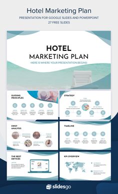 the hotel marketing plan is shown in blue and white, with an ocean theme on it