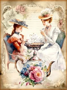 two women sitting at a table with a teapot