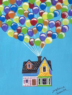 a painting of a house with many balloons in the air above it, on a blue background