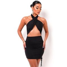 Add some love to your wardrobe! Our black mini dress is here to make you look stunning. Made of high-quality polyester and cotton mix, which gives your body flexible movement and makes your curves show up. This black dress is featuring an asymmetrical wrap halterneck, a ruched double layer with a side drawstring to adjust the length, and sexy cutout detail in the belly area to add some drama. This dress also available in white, yellow, orange, khaki, brown, and red. Details: Women Dress Black Mini Bodycon Cutout Halterneck Backless Asymmetrical Cross Over Ruched Drawstring Loose Cotton Pants, Cutout Mini Dress, Fall Blazer, Tight Mini Dress, Coffee Color, Black Halter, Elegant Shirt, Coffee Colour, Crop Top Blouse