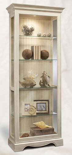 a white display case with glass shelves filled with shells and seashells on it