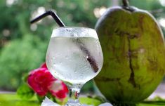 a glass filled with water next to an apple