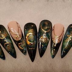 Nails Witchy, Witch Nails, Gothic Nails, Edgy Nails, Acrylic Press On Nails, Painted Nail Art, Press Ons