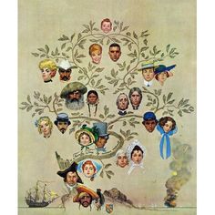 a tree with many different people's heads in the center and leaves on it