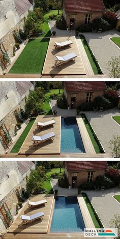 three pictures of a house with a swimming pool in the middle and lawns on both sides