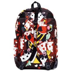 WondaPop Disney Nylon Backpacks are known for their whimsical Disney prints and designs. This beautiful, colorful backpack features bright images of The Queen of Heartsfrom Disney's Alice in Wonderland. The bag features the Queen of Hearts and her court. The bag hasfabric straps for putting pins on. Disney Themed Multicolor Bags For Fan Events, Themed Multicolor Bags For Disney Fan Events, Multicolor Disney Standard Backpack, Multicolor Disney Bags For Back To School, Multicolor Character Print Travel Bag, Disney Multicolor Backpack For Everyday Use, Disney Multicolor Backpack For Back To School, Disney Multicolor Backpack With Character Print, Multicolor Disney Backpack For Everyday Use