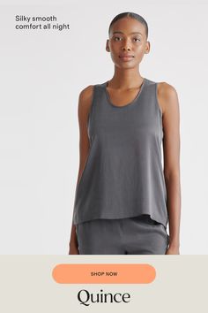 This washable silk pajama tank is made of 100% Mulberry and perfectly crafted for your lounging and sleeping needs with a deliciously indulging feel. The silk has a naturally thermoregulating technology to help maintain your comfortable body temperature and you can mix them with your regular wash. Try mixing and matching with the washable silk pajama shorts or pants for a versatile look.  | Quince | Women's Pajama Tank Top in Charcoal, Size Large, Silk Silk Pajama Shorts, Pajama Tank Top, Silk Pajamas Shorts, Silk Pajama Pants, Silk Tee, Silk Pajama, Boyfriend Cardigan, Natural Textiles, Silk Pajama Set