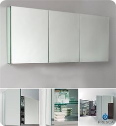 the medicine cabinet is made from glass and has two doors on one side, and three drawers on the other