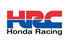 the honda racing logo is shown in red, white and blue with an orange stripe