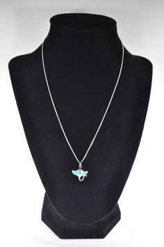 "Solid 925 Sterling Silver necklace with blue opal mantaray/stingray design. The chain will be an 18\" 925 Sterling Silver box chain. 16\"-20\" chains are available for no extra charge. If you do not specify a necklace length while ordering, you will be sent an 18\" chain. Free shipping within the US with every order." Blue Sterling Silver Charm Necklace With Lobster Clasp, Blue Pendant Jewelry With Box Chain, Blue Pendant Necklace With Box Chain, Blue Box Chain Necklace As A Gift, Blue Box Chain Jewelry Gift, Blue Box Chain Necklace For Gift, Stingray Design, Silver Necklace With Blue, Silver Turtle Ring