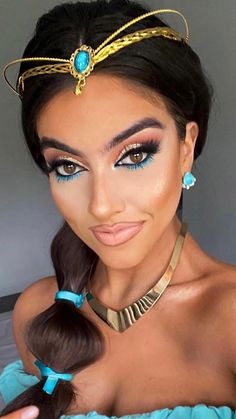 Jasmine From Aladdin Makeup, Jafar And Jasmine Costume, Jasmine Aladdin Makeup, Plus Size Jasmine Costume, Jasmine Halloween Makeup, Genie Makeup For Women, Jasmine Costume Makeup, Jasmine Face Paint, Aladdin Group Costume